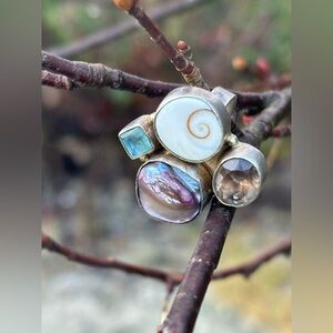 Vintage Sterling Silver Topaz, Smoky Quartz & Abalone Statement Ring • Size 7.5